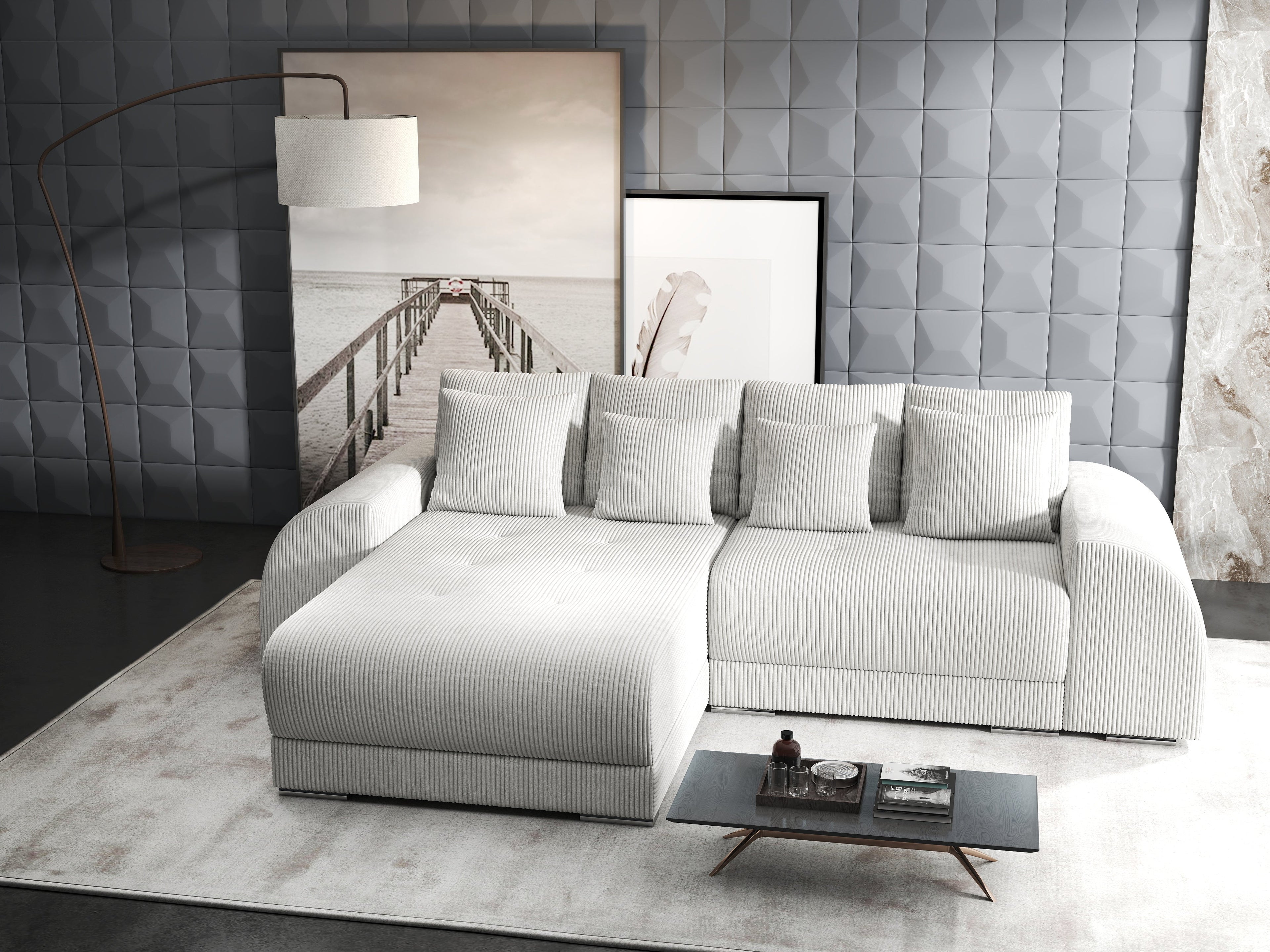 Colțar extensibil dumonde cu ladă de depozitare si sezut confortabil din spuma high-density, Verona Zoom Crem 290x185 cm