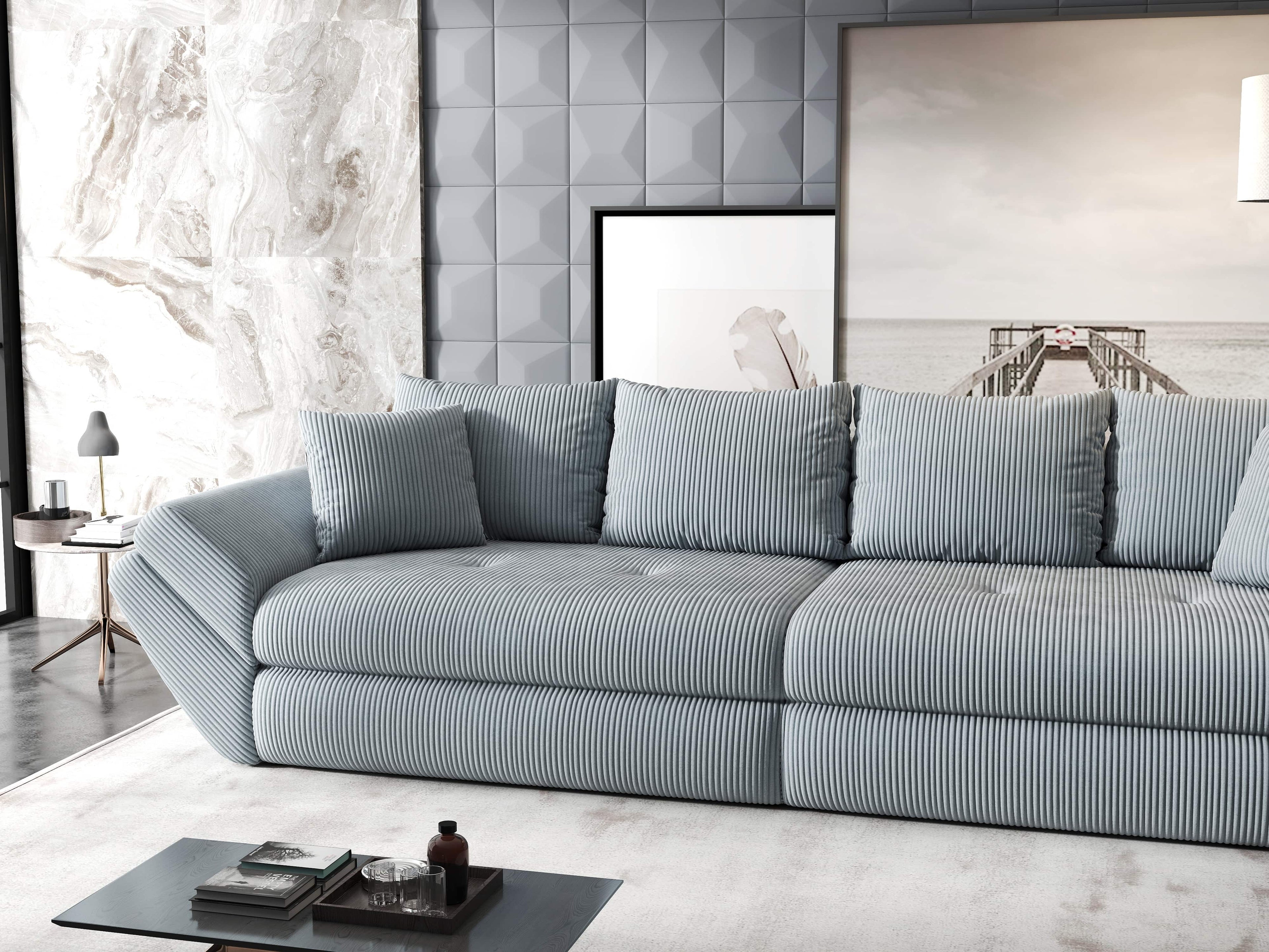 Canapea extensibilă dumonde cu ladă de depozitare si sezut confortabil din spuma high-density, Loana Zoom Gri 300x100 cm