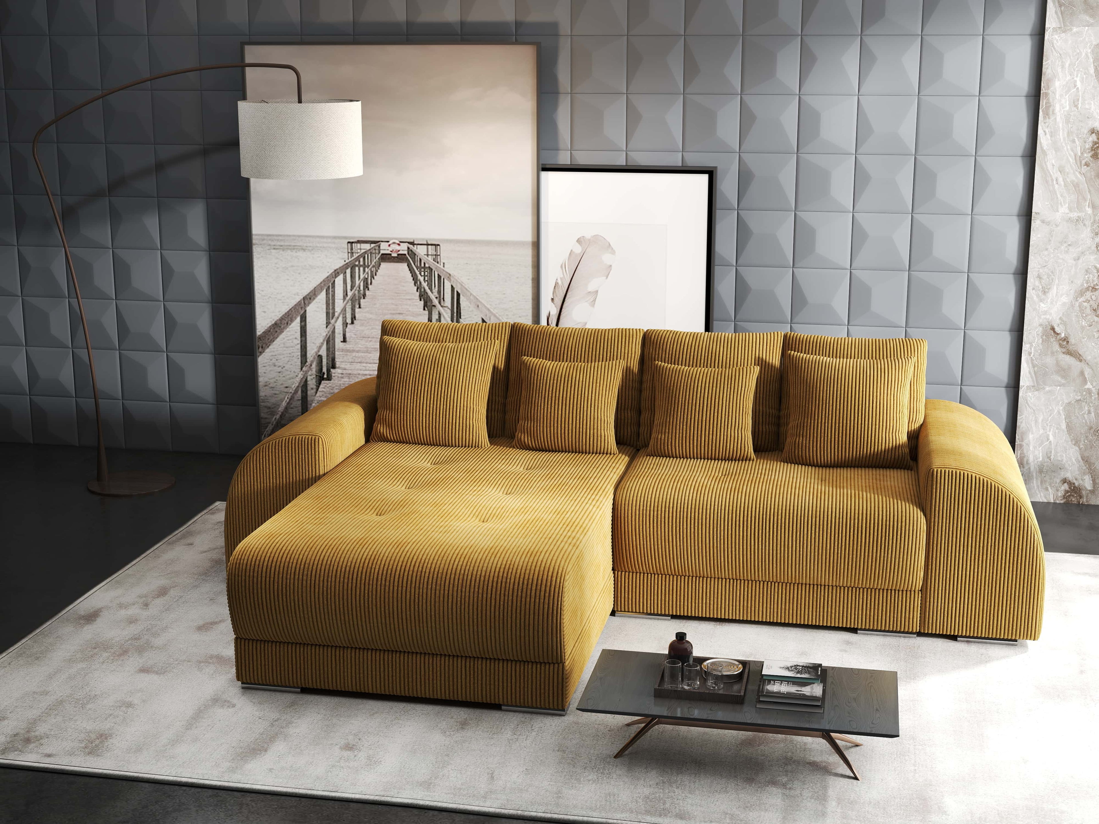 Colțar extensibil dumonde cu ladă de depozitare si sezut confortabil din spuma high-density, Verona Zoom Mustar 290x185 cm