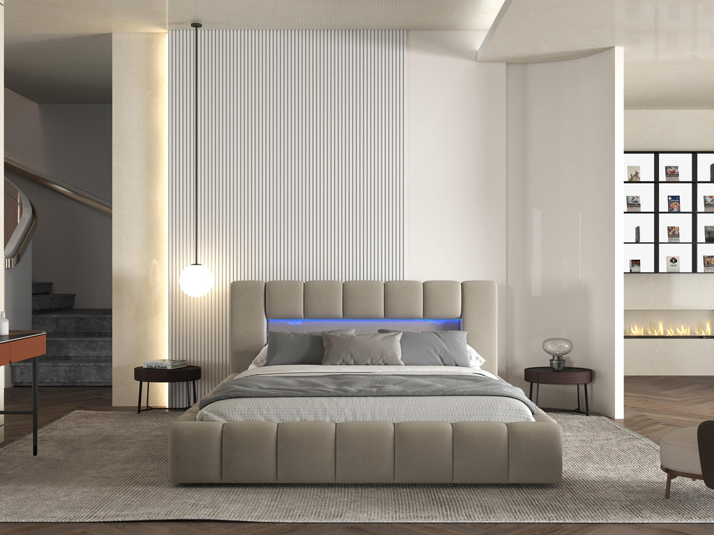 Pat dormitor dumonde, tapitat bej cu LED si USB, Palermo 180x200 cm, somiera rabatabila inclusa, spatiu depozitare