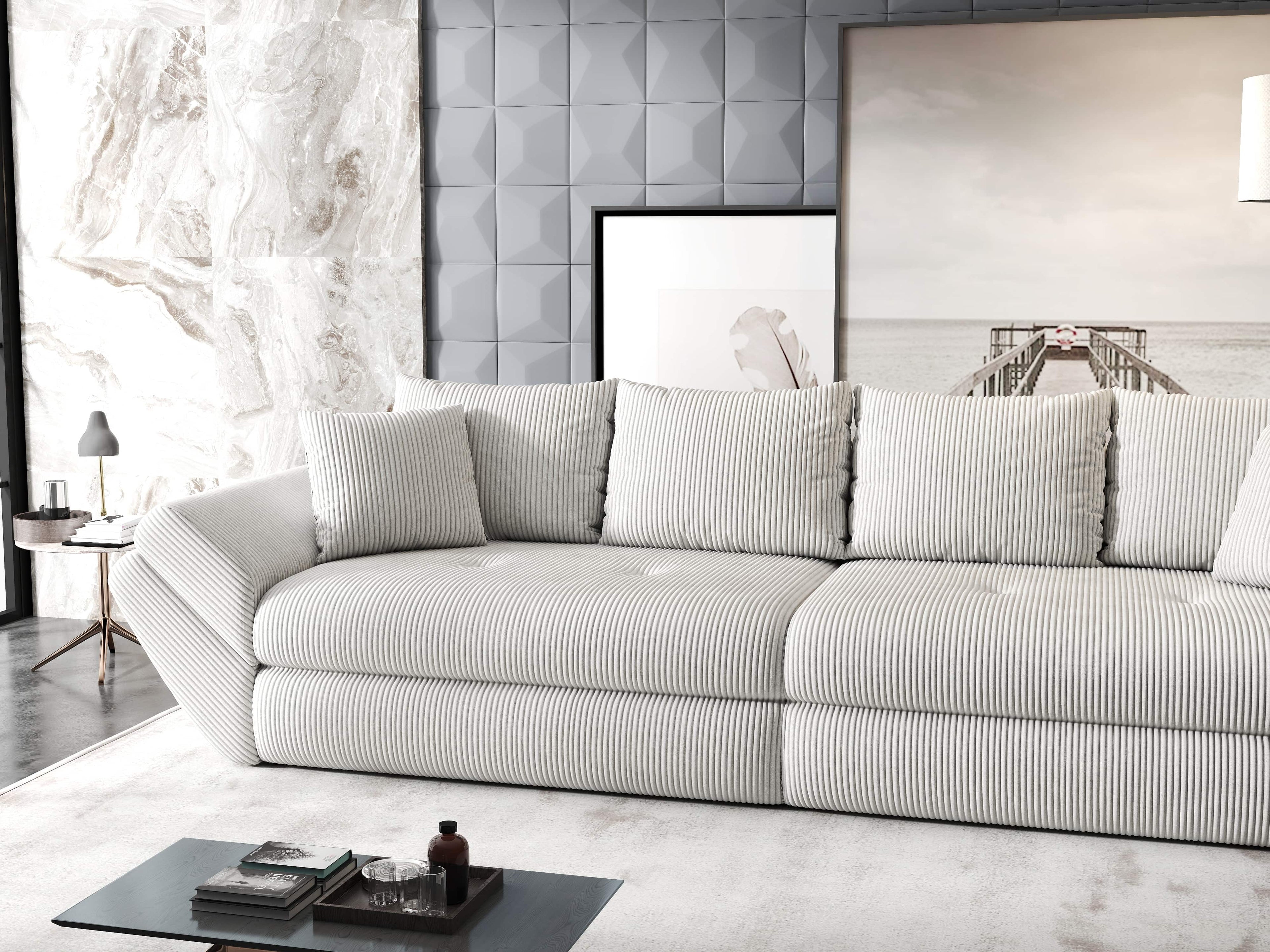 Canapea extensibilă dumonde cu ladă de depozitare si sezut confortabil din spuma high-density, Loana Zoom Cream 300x100 cm