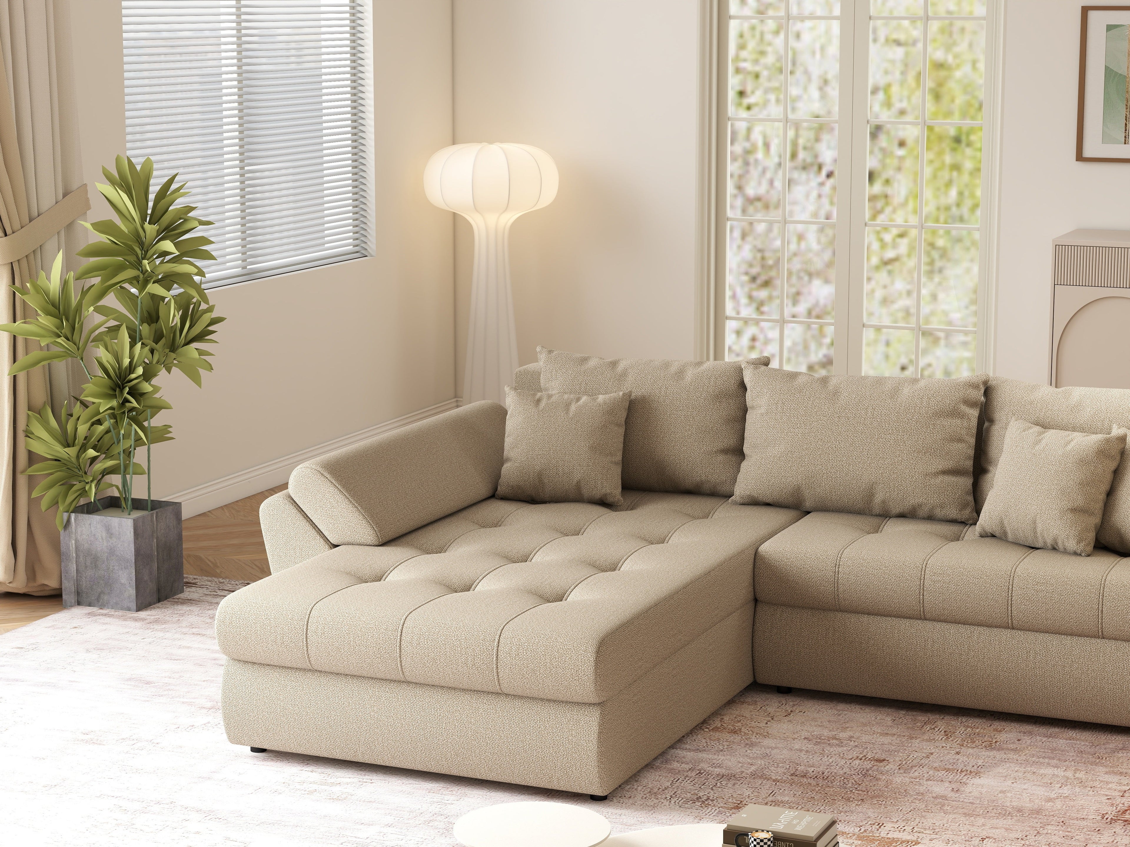 Colțar extensibil dumonde cu ladă de depozitare si sezut confortabil din spuma high-density, Loana Enjoy Camel 270x185 cm