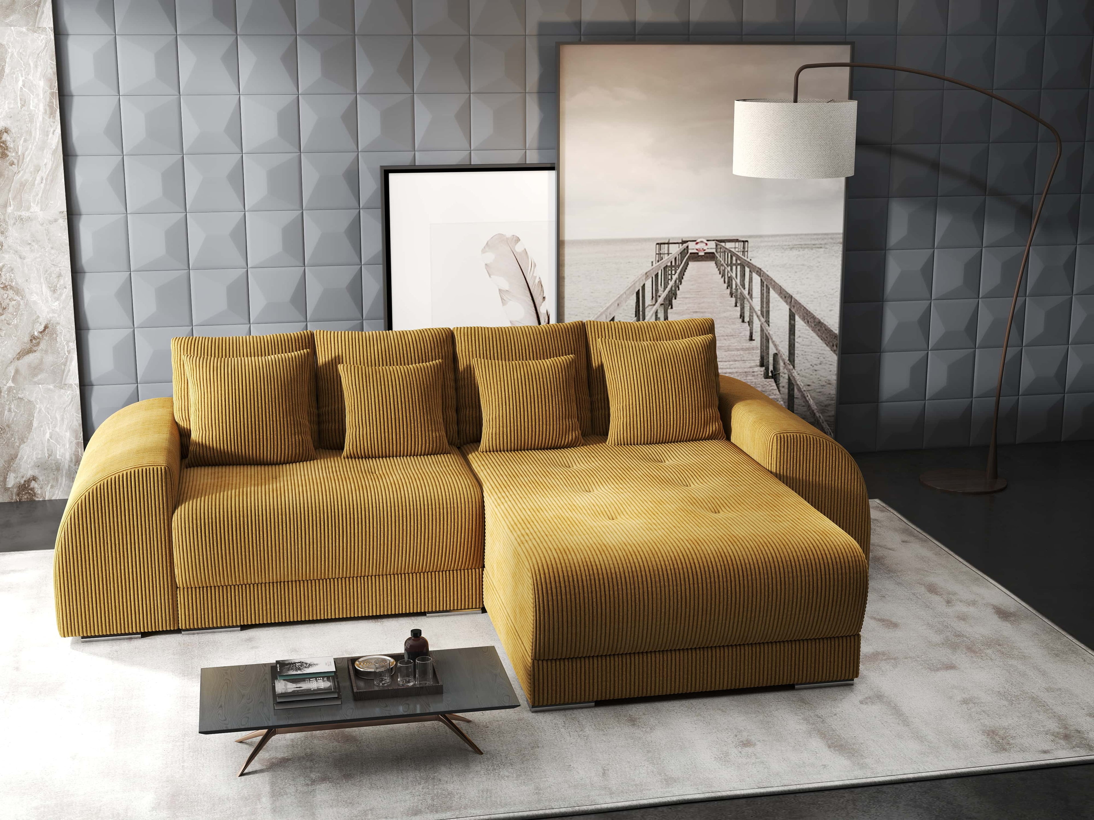 Colțar extensibil dumonde cu ladă de depozitare si sezut confortabil din spuma high-density, Verona Zoom Mustar II 290x185 cm