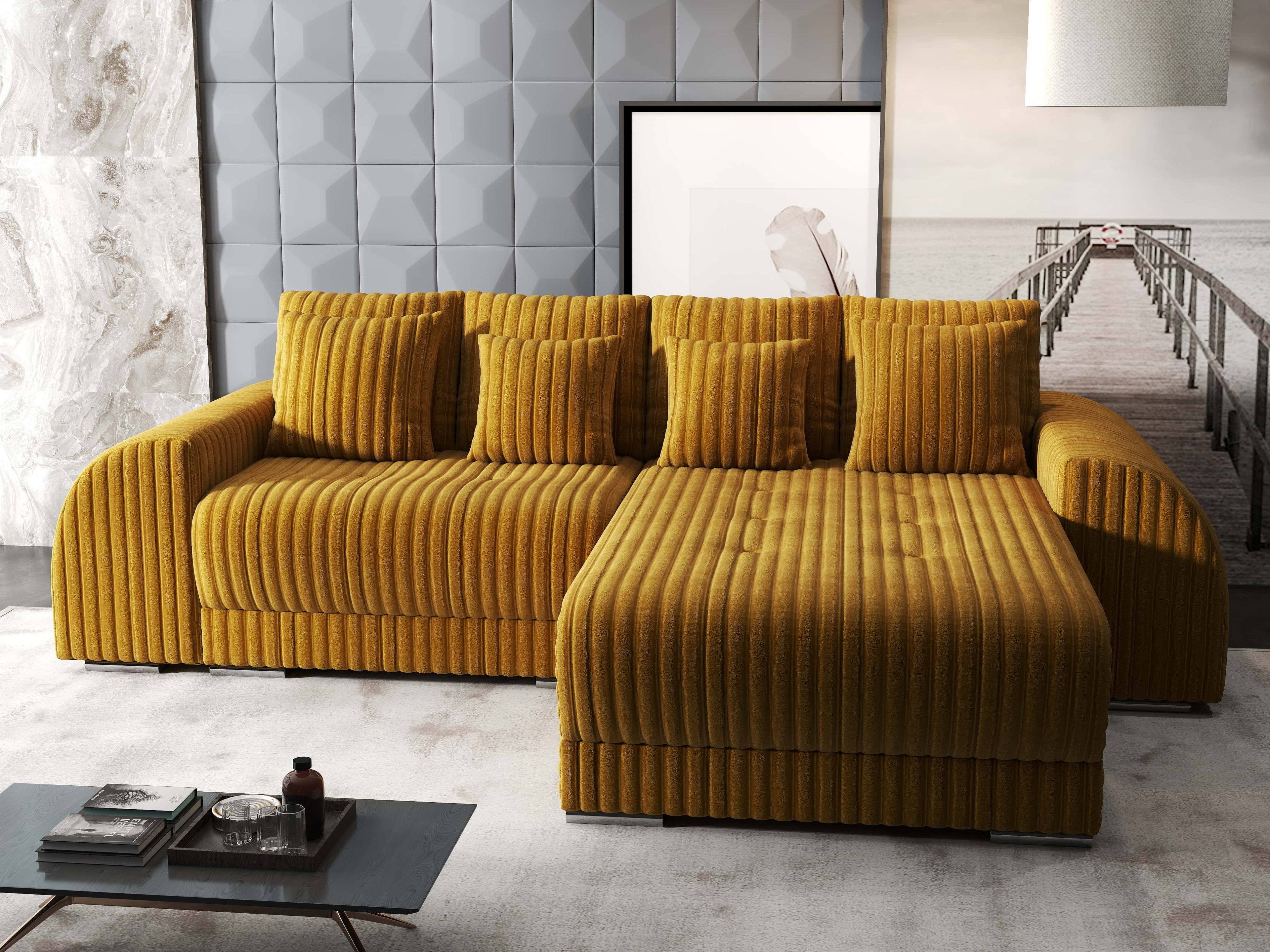 Colțar extensibil dumonde cu ladă de depozitare si sezut confortabil din spuma high-density, Verona Ambience Mustar II 290x185 cm