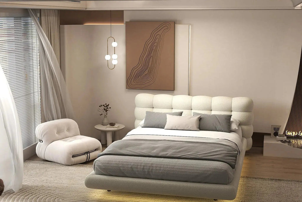 Pat dormitor dumonde, tapitat gri cu LED, "floating bed" Cloud 180x200 cm, somiera inclusa