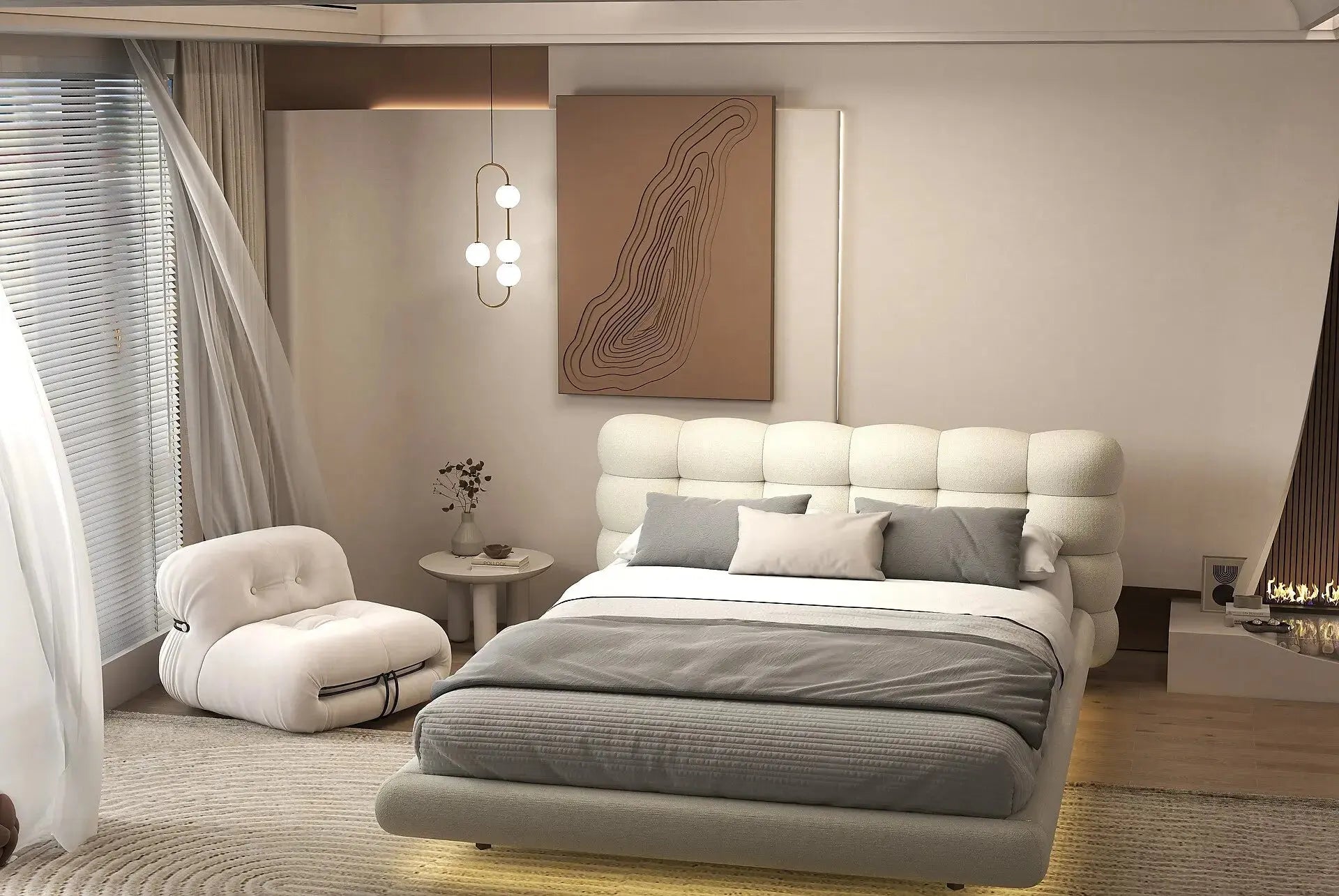 Pat dormitor dumonde, tapitat gri cu LED, "floating bed" Cloud 180x200 cm, somiera inclusa