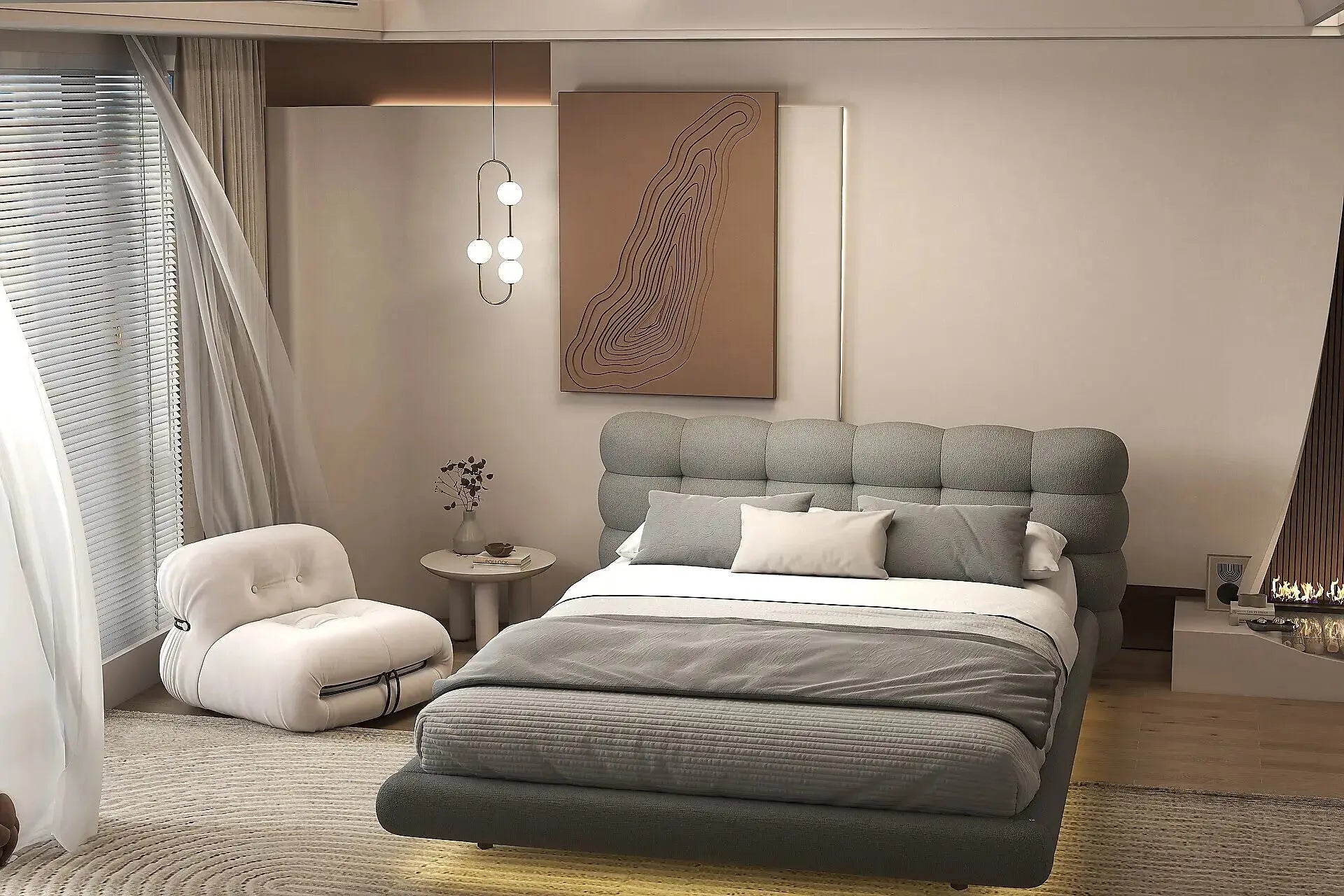 Pat dormitor dumonde, tapitat gri cu LED, "floating bed" Cloud 140x200 cm, somiera inclusa