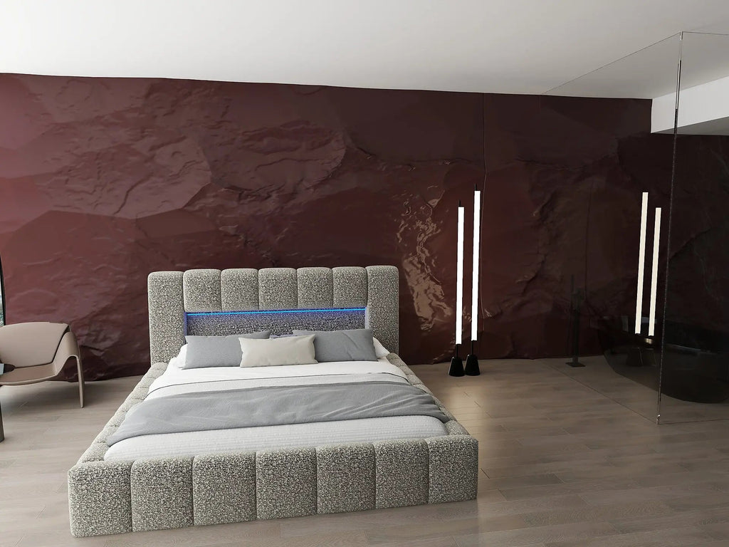 Pat dormitor dumonde, tapitat bej cu LED si USB, Palermo 160x200 cm, somiera rabatabila inclusa, spatiu depozitare