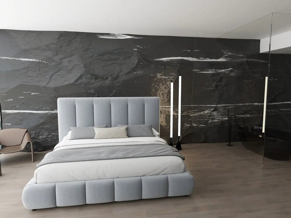 Pat dormitor dumonde, tapitat gri, Divaneo 180x200 cm, somiera rabatabila inclusa, spatiu depozitare