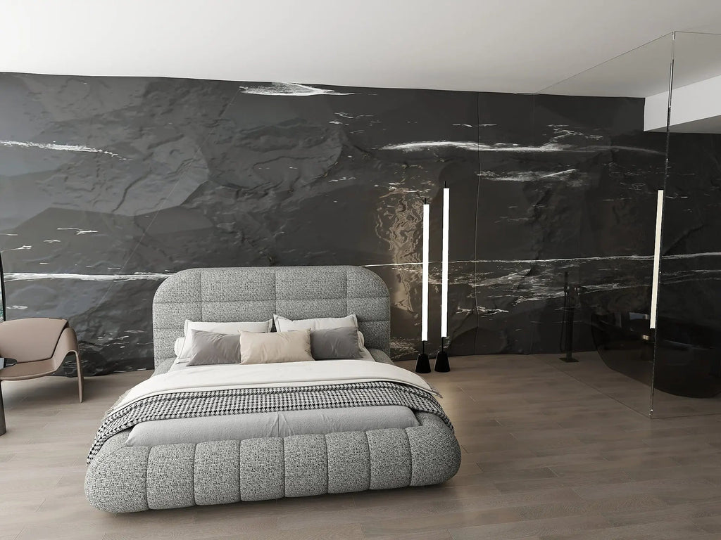 Pat dormitor dumonde, tapitat gri, Senso 180x200 cm, somiera rabatabila inclusa, spatiu depozitare