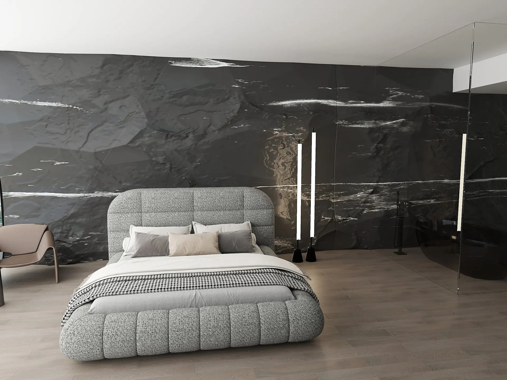 Pat dormitor dumonde, tapitat gri, Senso 180x200 cm, somiera rabatabila inclusa, spatiu depozitare