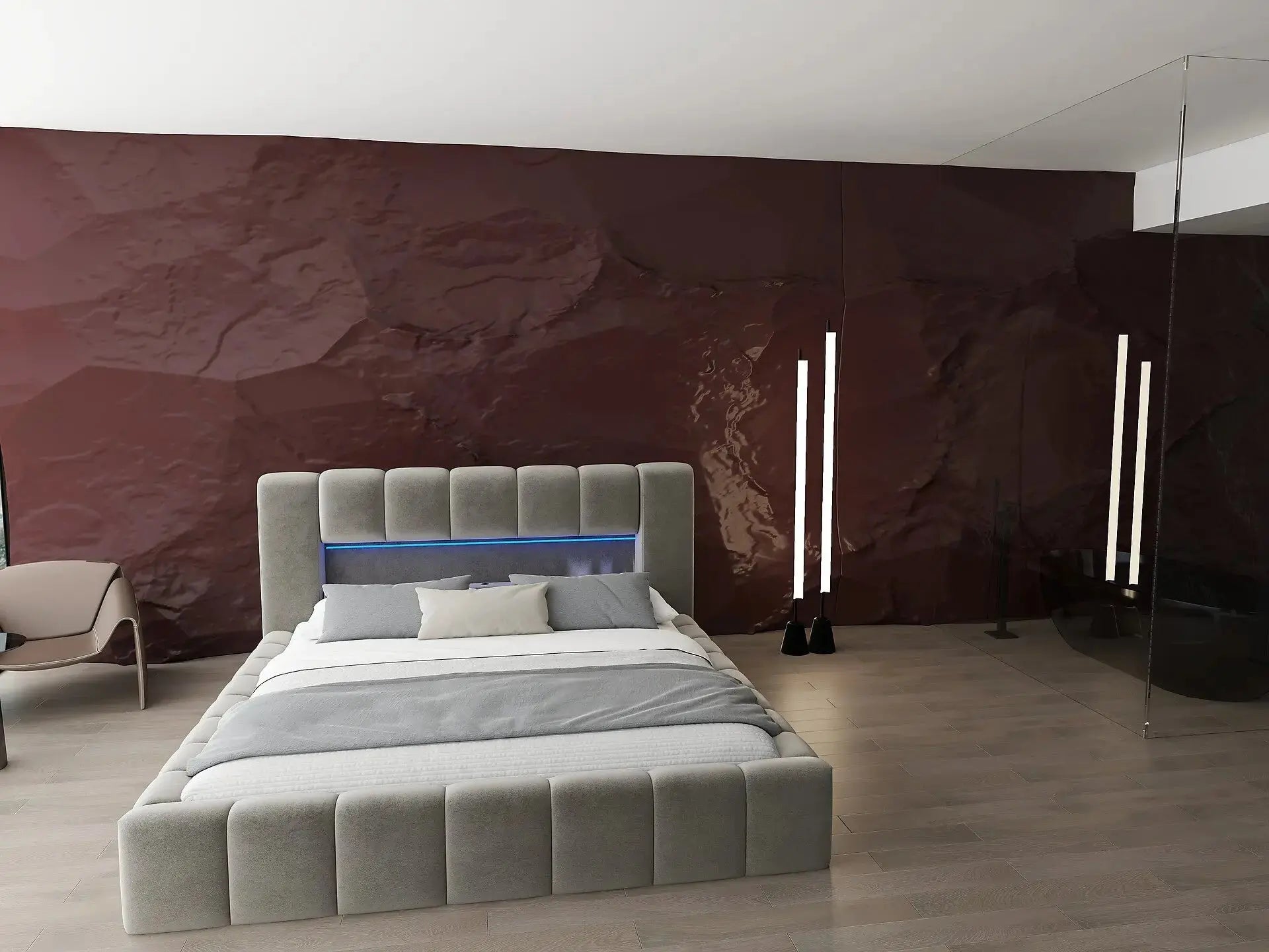 Pat dormitor dumonde, tapitat bej cu LED si USB, Palermo 160x200 cm, somiera rabatabila inclusa, spatiu depozitare