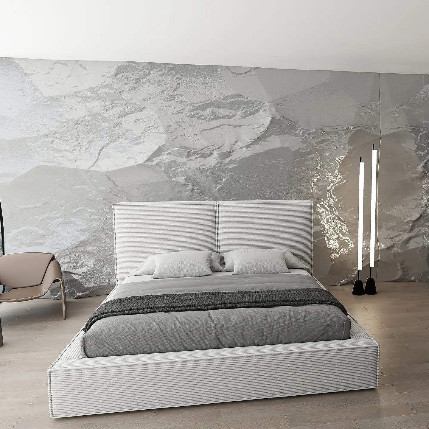 Pat dormitor dumonde, tapitat bej, Dreamer 160x200 cm, somiera rabatabila inclusa, spatiu depozitare