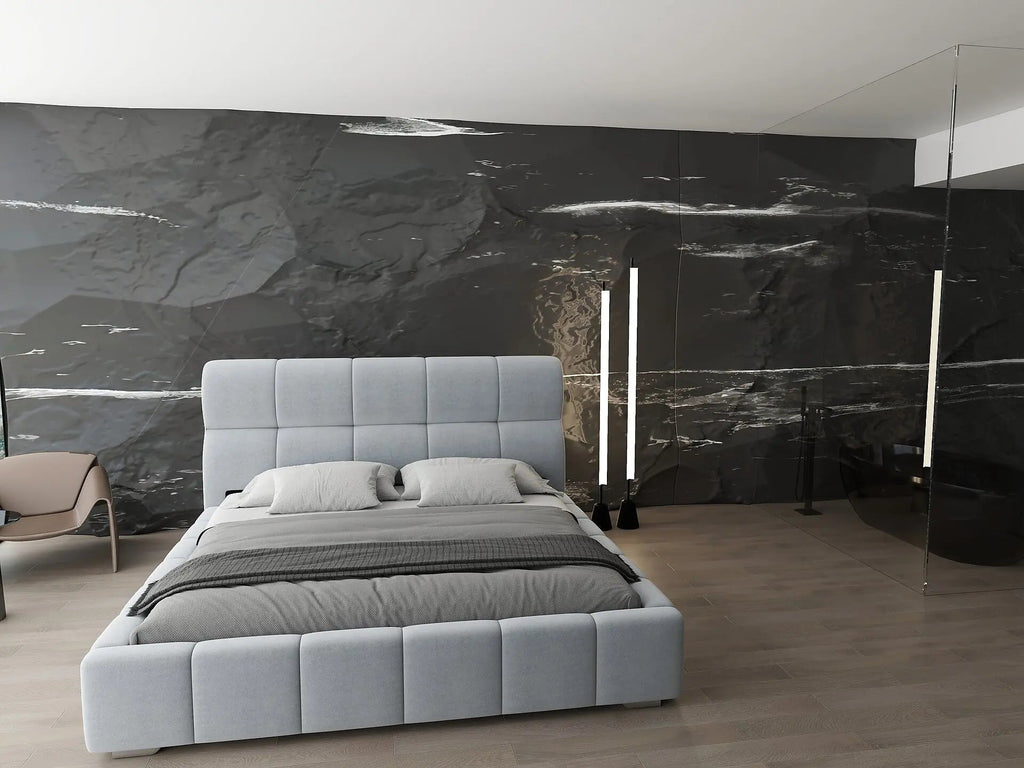 Pat dormitor dumonde, tapitat gri, Prestige 160x200 cm, somiera rabatabila inclusa, spatiu depozitare