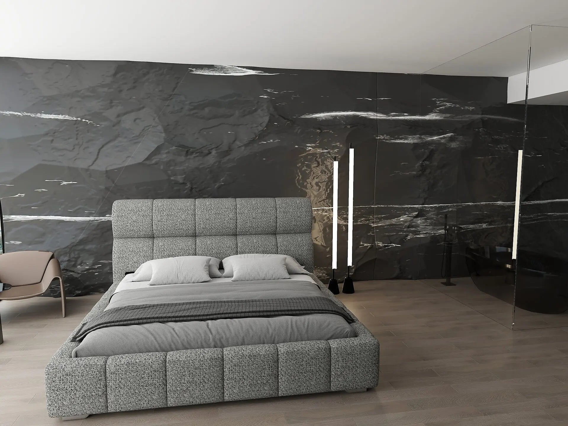 Pat dormitor dumonde, tapitat grey, Prestige 180x200 cm, somiera rabatabila inclusa, spatiu depozitare