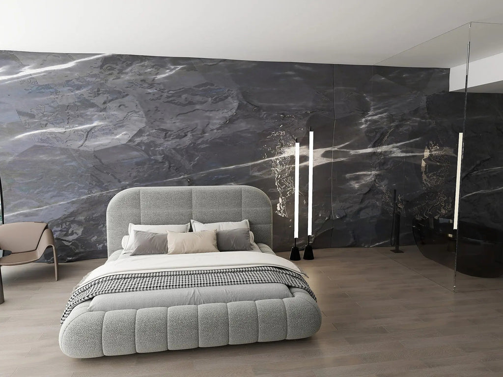 Pat dormitor dumonde, tapitat gri, Senso 160x200 cm, somiera rabatabila inclusa, spatiu depozitare