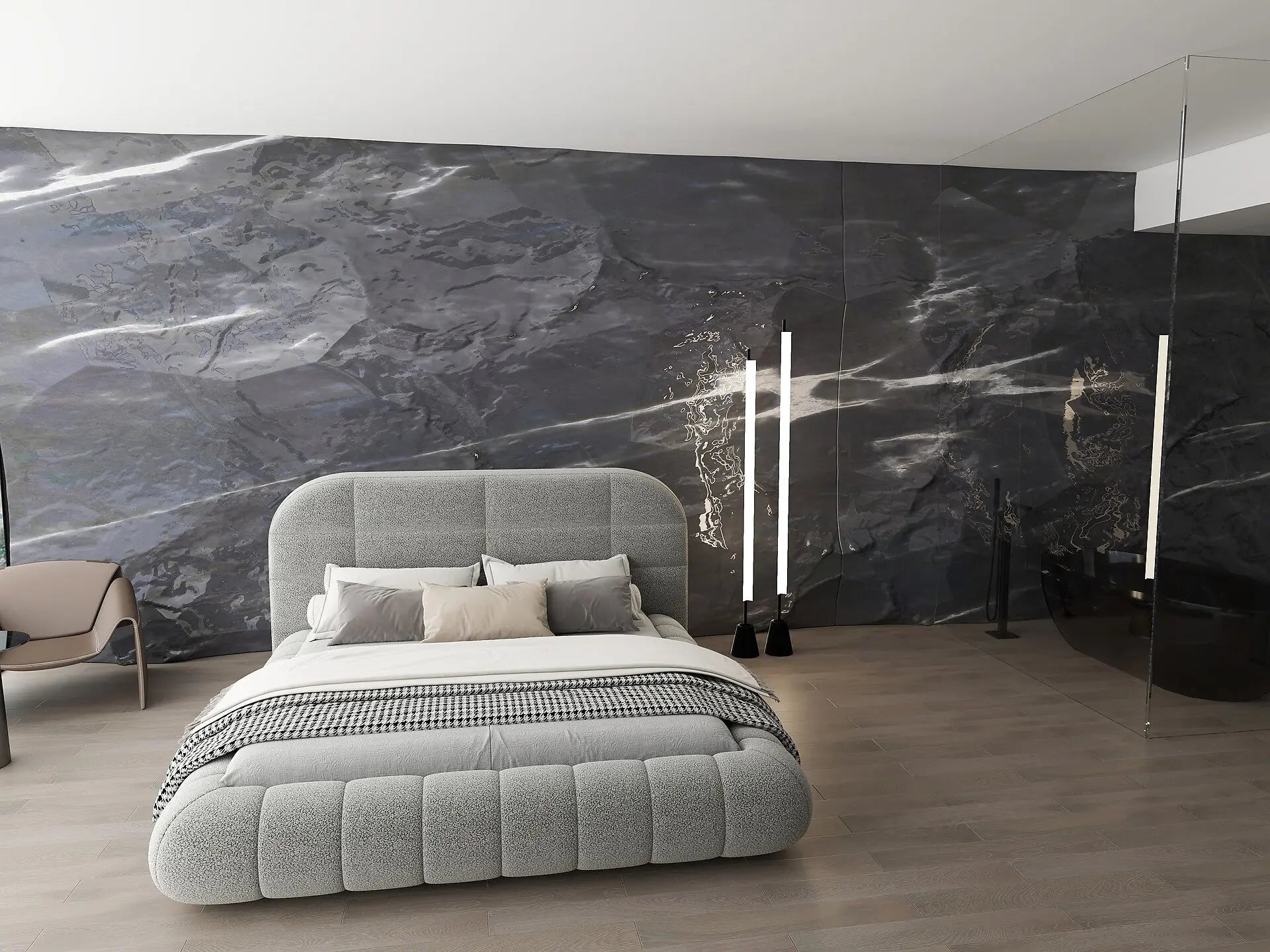 Pat dormitor dumonde, tapitat gri, Senso 160x200 cm, somiera rabatabila inclusa, spatiu depozitare