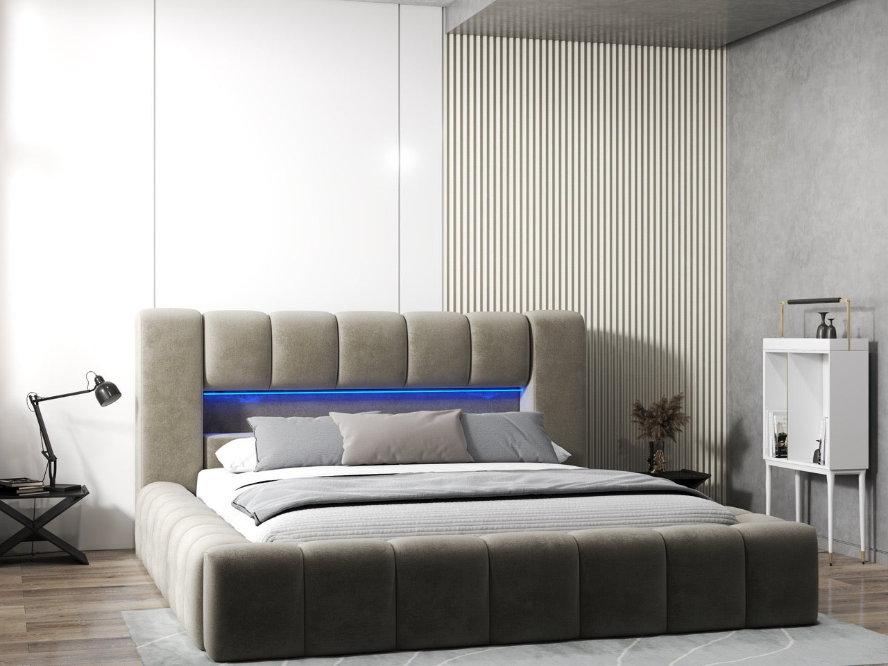 Pat dormitor dumonde, tapitat bej cu LED si USB, Palermo 160x200 cm, somiera rabatabila inclusa, spatiu depozitare