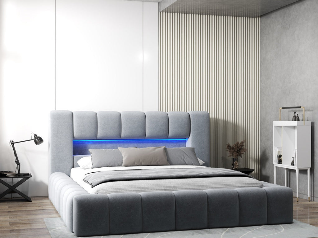 Pat dormitor dumonde, tapitat gri cu LED si USB, Palermo 160x200 cm, somiera rabatabila inclusa, spatiu depozitare