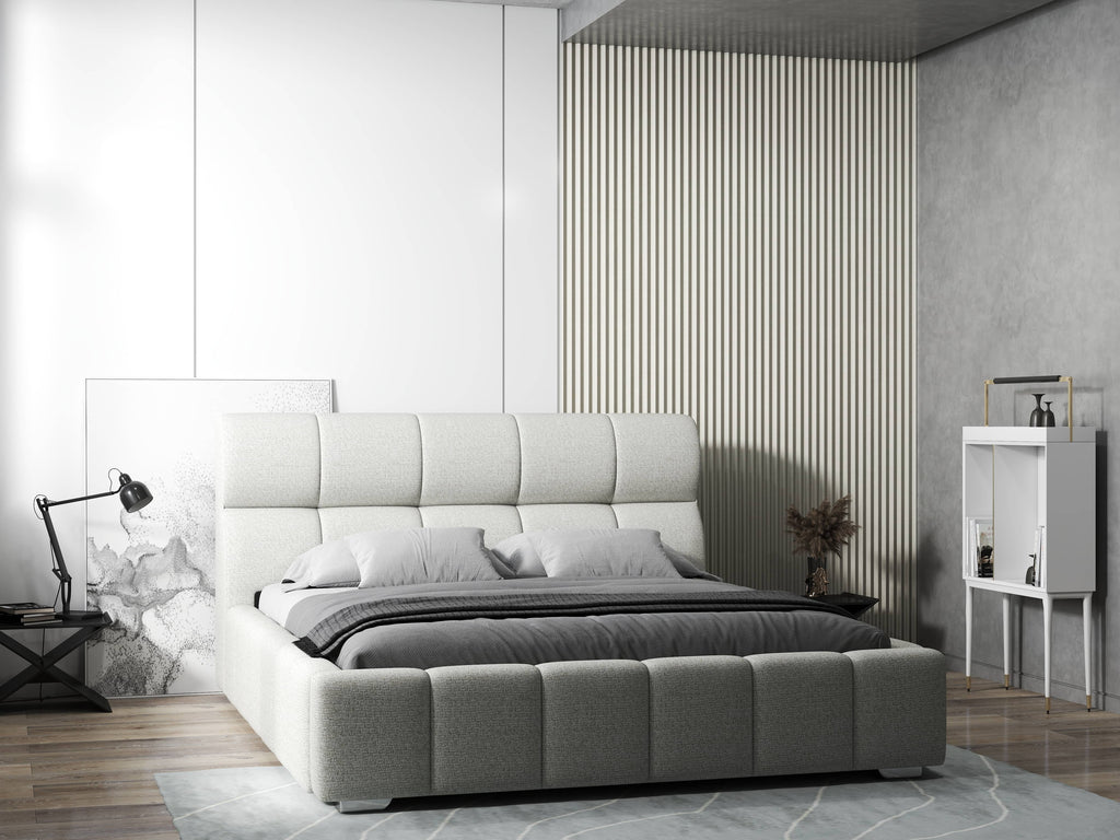 Pat dormitor dumonde, tapitat bej, Prestige 180x200 cm, somiera rabatabila inclusa, spatiu depozitare