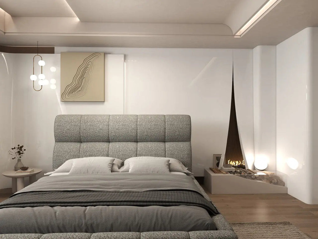 Pat dormitor dumonde, tapitat bej, Prestige 180x200 cm, somiera rabatabila inclusa, spatiu depozitare