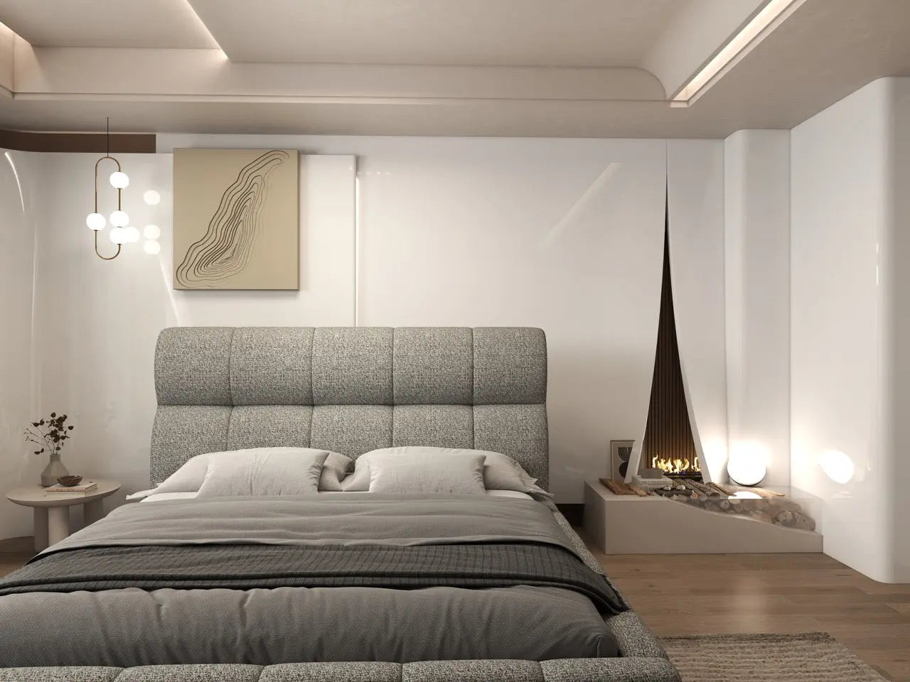 Pat dormitor dumonde, tapitat bej, Prestige 180x200 cm, somiera rabatabila inclusa, spatiu depozitare
