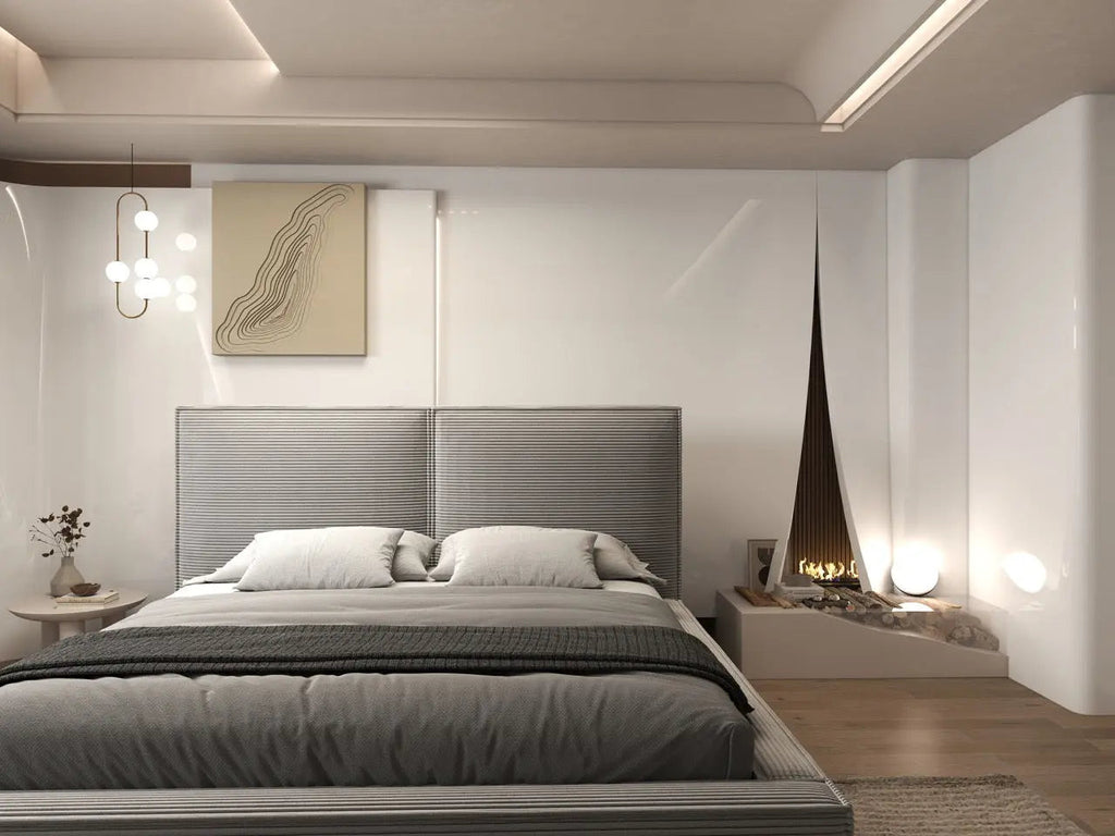 Pat dormitor dumonde, tapitat gri, Dreamer 160x200 cm, somiera rabatabila inclusa, spatiu depozitare