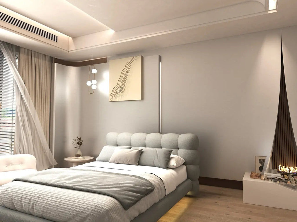 Pat dormitor dumonde, tapitat gri cu LED, "floating bed" Cloud 180x200 cm, somiera inclusa