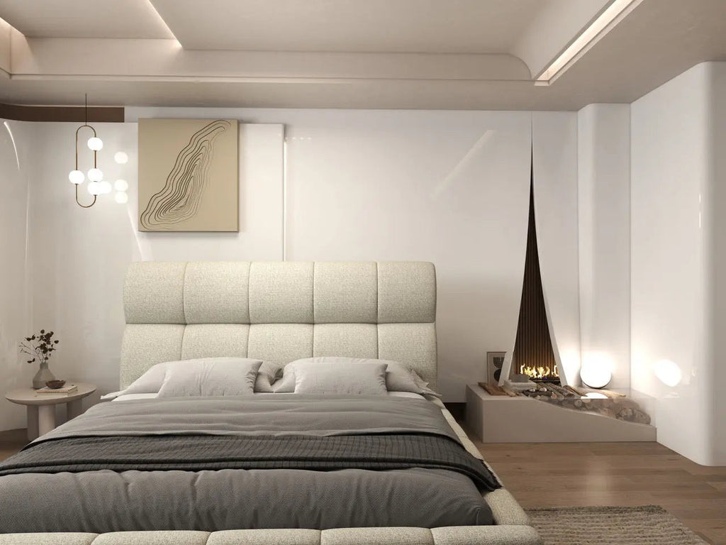 Pat dormitor dumonde, tapitat bej, Prestige 180x200 cm, somiera rabatabila inclusa, spatiu depozitare