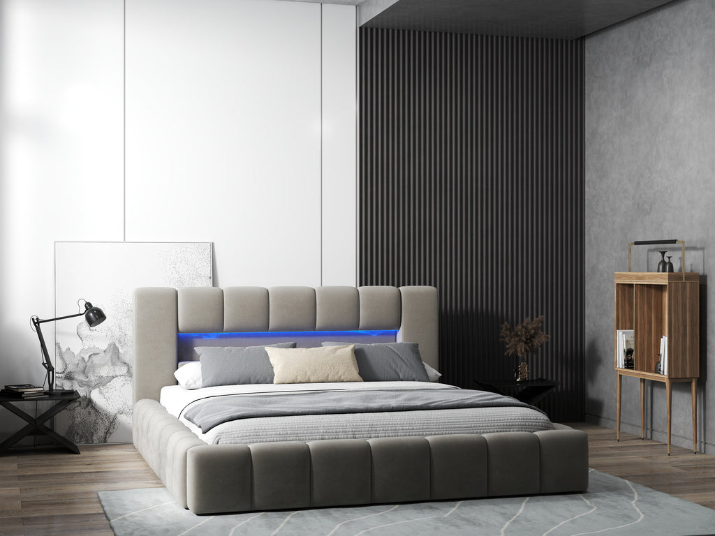 Pat dormitor dumonde, tapitat bej cu LED si USB, Palermo 180x200 cm, somiera rabatabila inclusa, spatiu depozitare