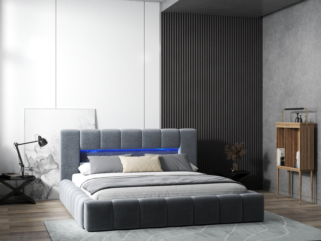Pat dormitor dumonde, tapitat gri cu LED si USB, Palermo 140x200 cm, somiera rabatabila inclusa, spatiu depozitare