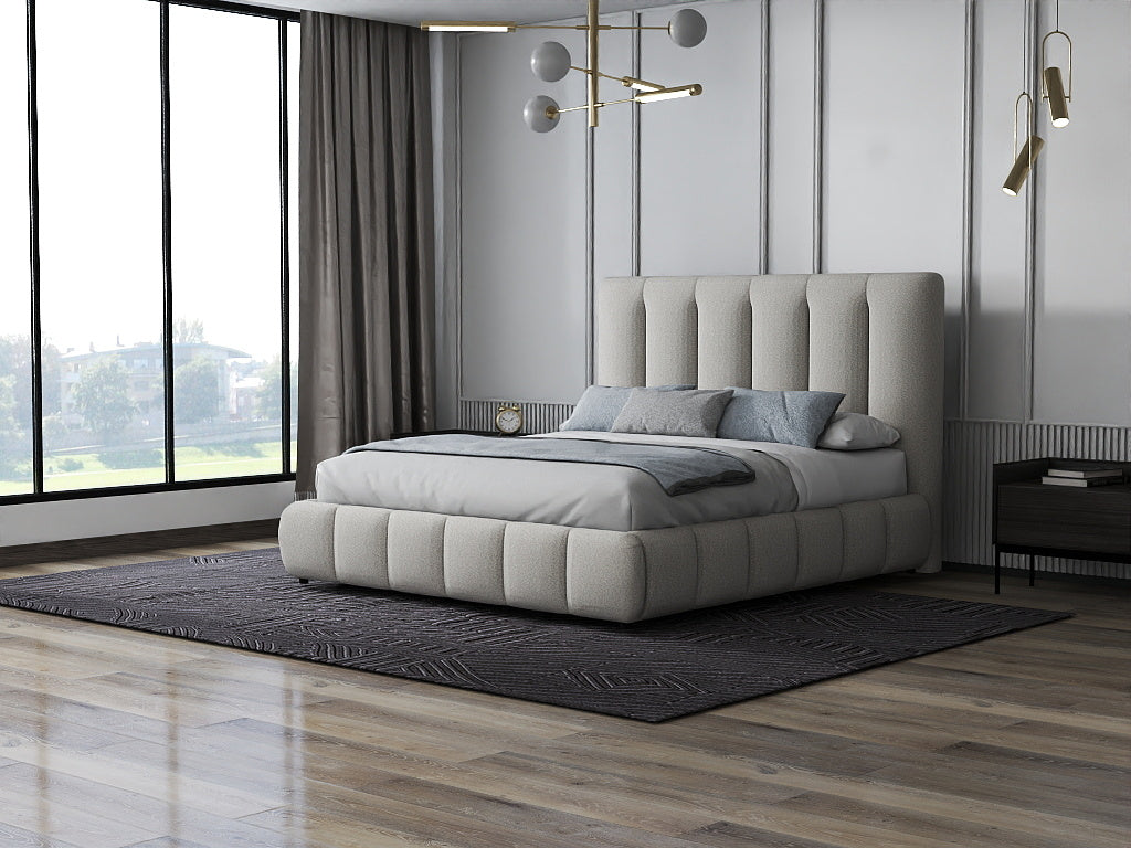 Pat dormitor dumonde, tapitat bej, Divaneo 180x200 cm, somiera rabatabila inclusa, spatiu depozitare