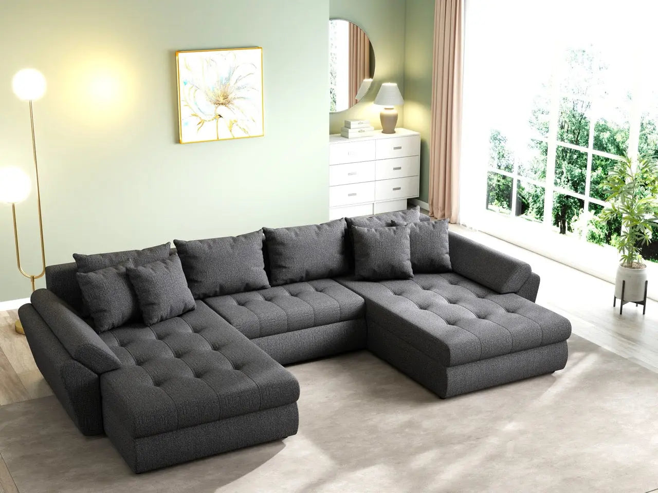 Colțar extensibil dumonde cu ladă de depozitare si sezut confortabil din spuma high-density, Loana U Enjoy Grafit 355x185 cm