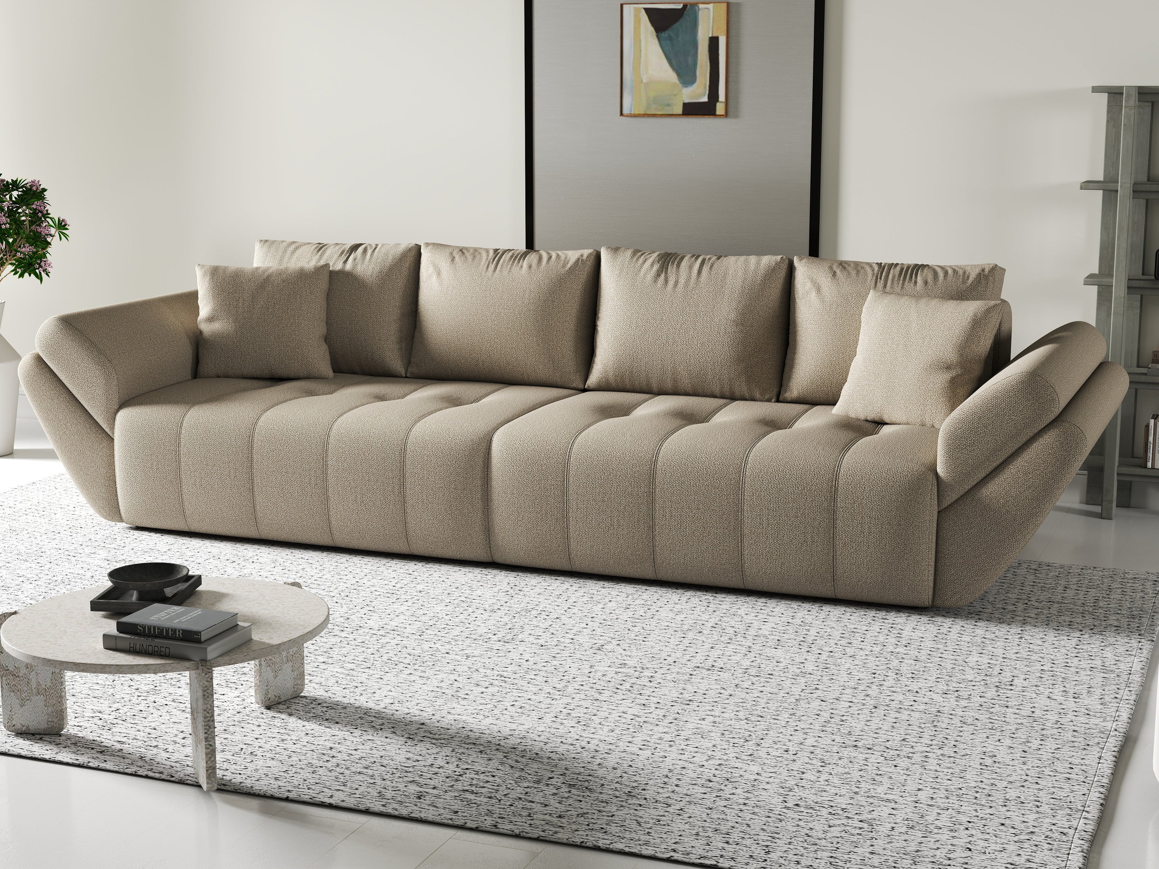 Canapea extensibilă dumonde cu ladă de depozitare si sezut confortabil din spuma high-density, Berlin Enjoy Camel 300x100 cm