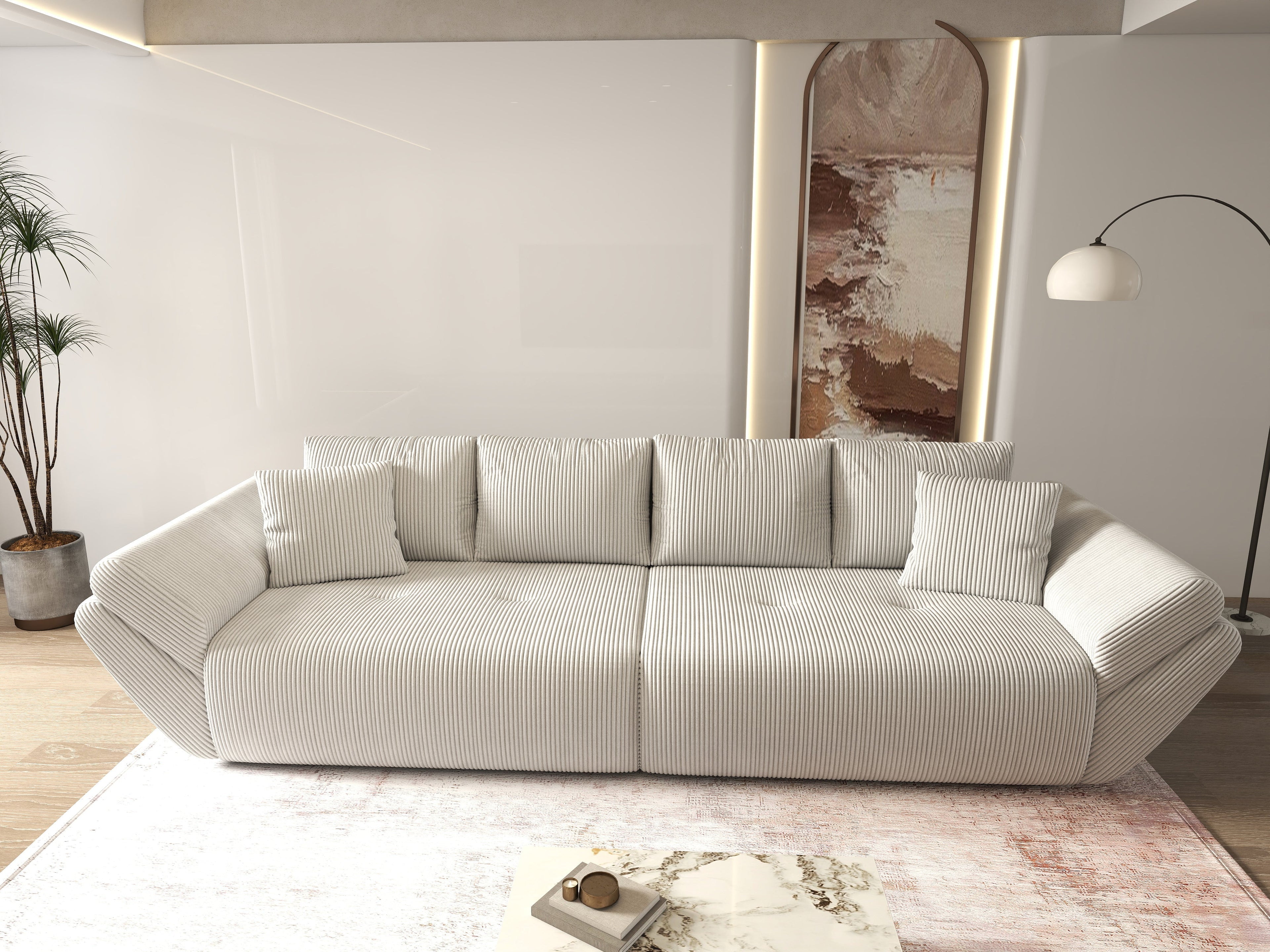 Canapea extensibilă dumonde cu ladă de depozitare si sezut confortabil din spuma high-density, Berlin Zoom Cream 300x100 cm