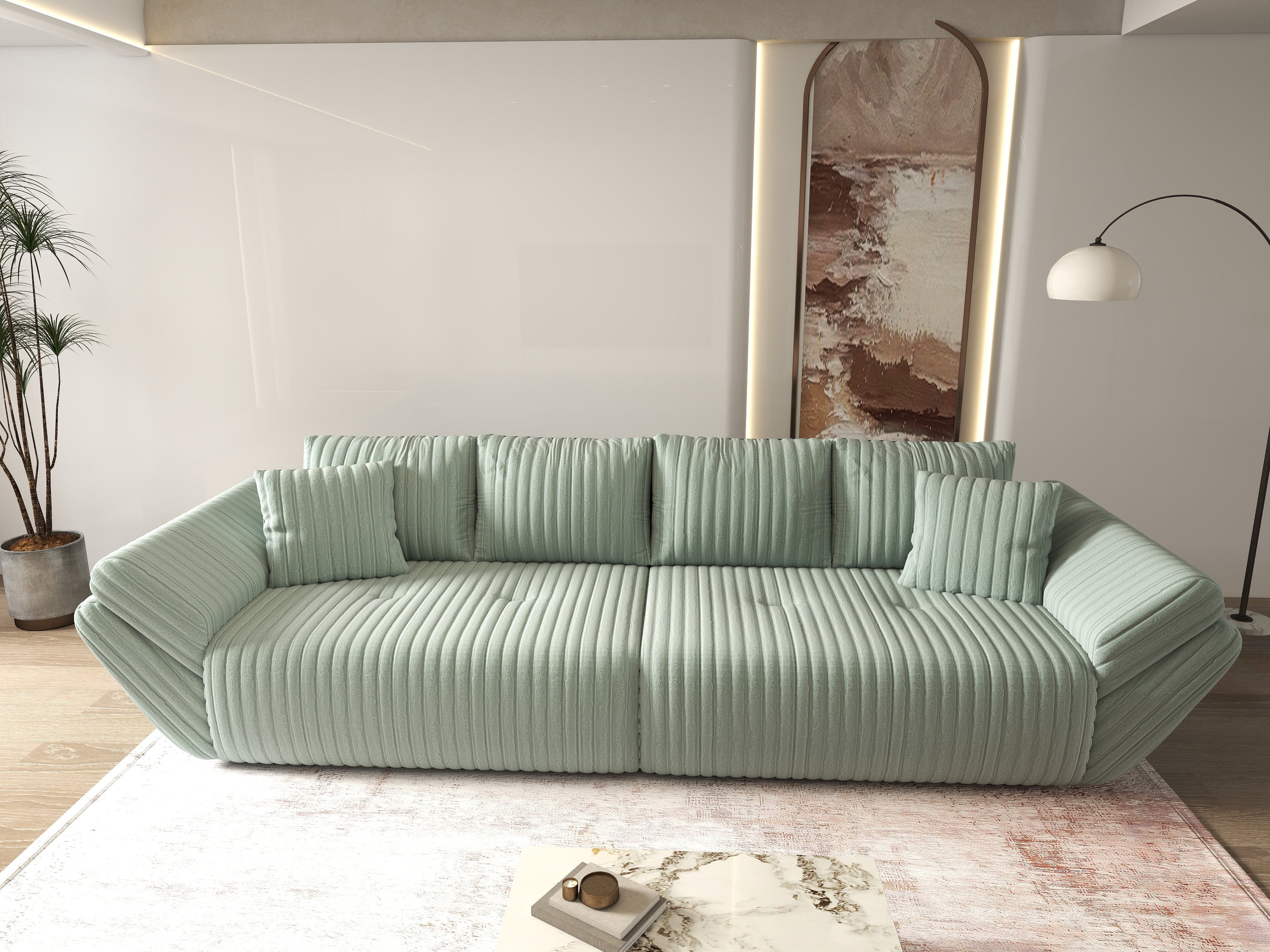 Canapea extensibilă dumonde cu ladă de depozitare si sezut confortabil din spuma high-density, Berlin Ambience Mint 300x100 cm