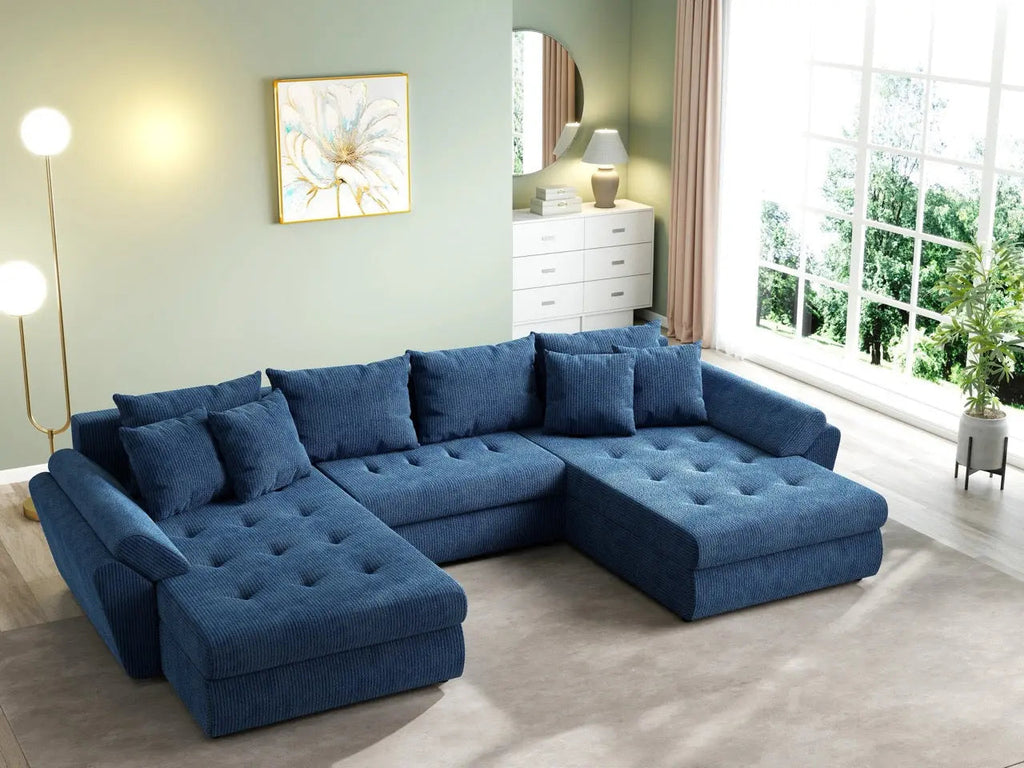 Colțar extensibil dumonde cu ladă de depozitare si sezut confortabil din spuma high-density, Loana U Zoom Blue 355x185 cm