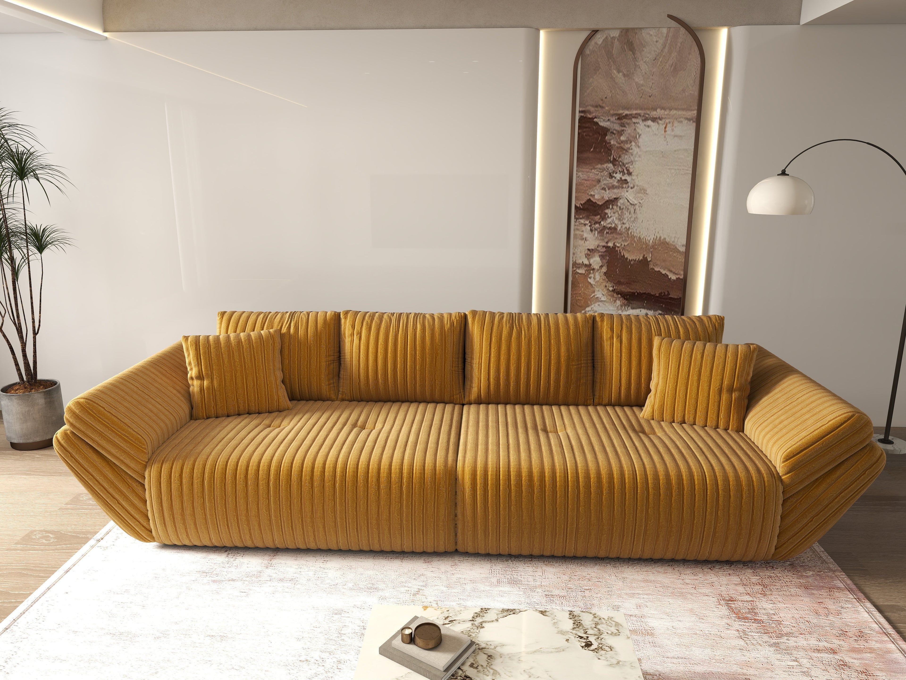 Canapea extensibilă dumonde cu ladă de depozitare si sezut confortabil din spuma high-density, Berlin Ambience Mustar 300x100 cm