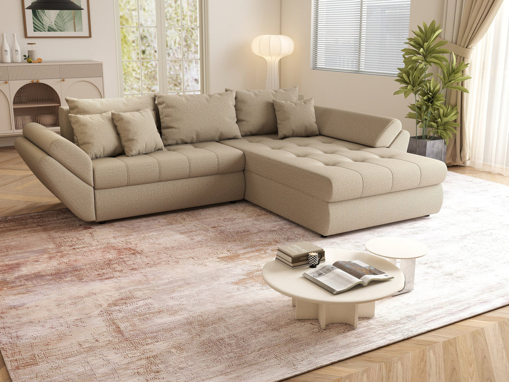 Colțar extensibil dumonde cu ladă de depozitare si sezut confortabil din spuma high-density, Loana Enjoy Camel II 270x185 cm