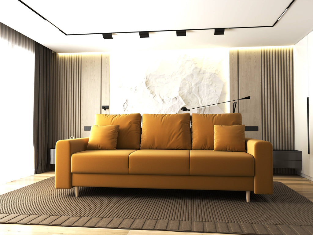 Canapea extensibilă dumonde cu ladă de depozitare si sezut confortabil din spuma high-density, Kronos Royal Mustar 210x100 cm