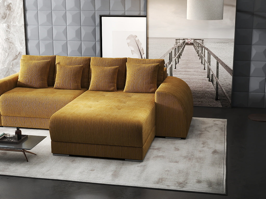 Colțar extensibil dumonde cu ladă de depozitare si sezut confortabil din spuma high-density, Verona Zoom Mustar II 290x185 cm