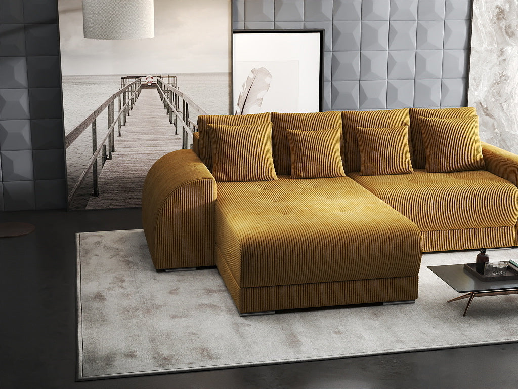Colțar extensibil dumonde cu ladă de depozitare si sezut confortabil din spuma high-density, Verona Zoom Mustar 290x185 cm