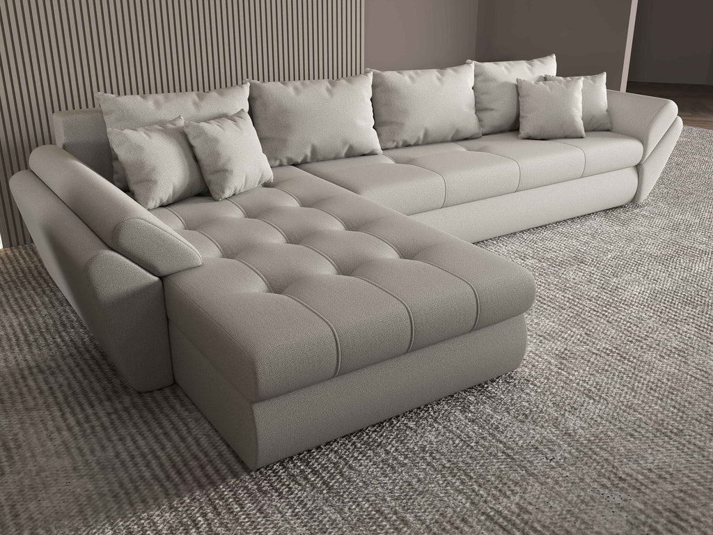 Colțar extensibil dumonde cu ladă de depozitare si sezut confortabil din spuma high-density, Loana XL Enjoy Beige 335x185 cm