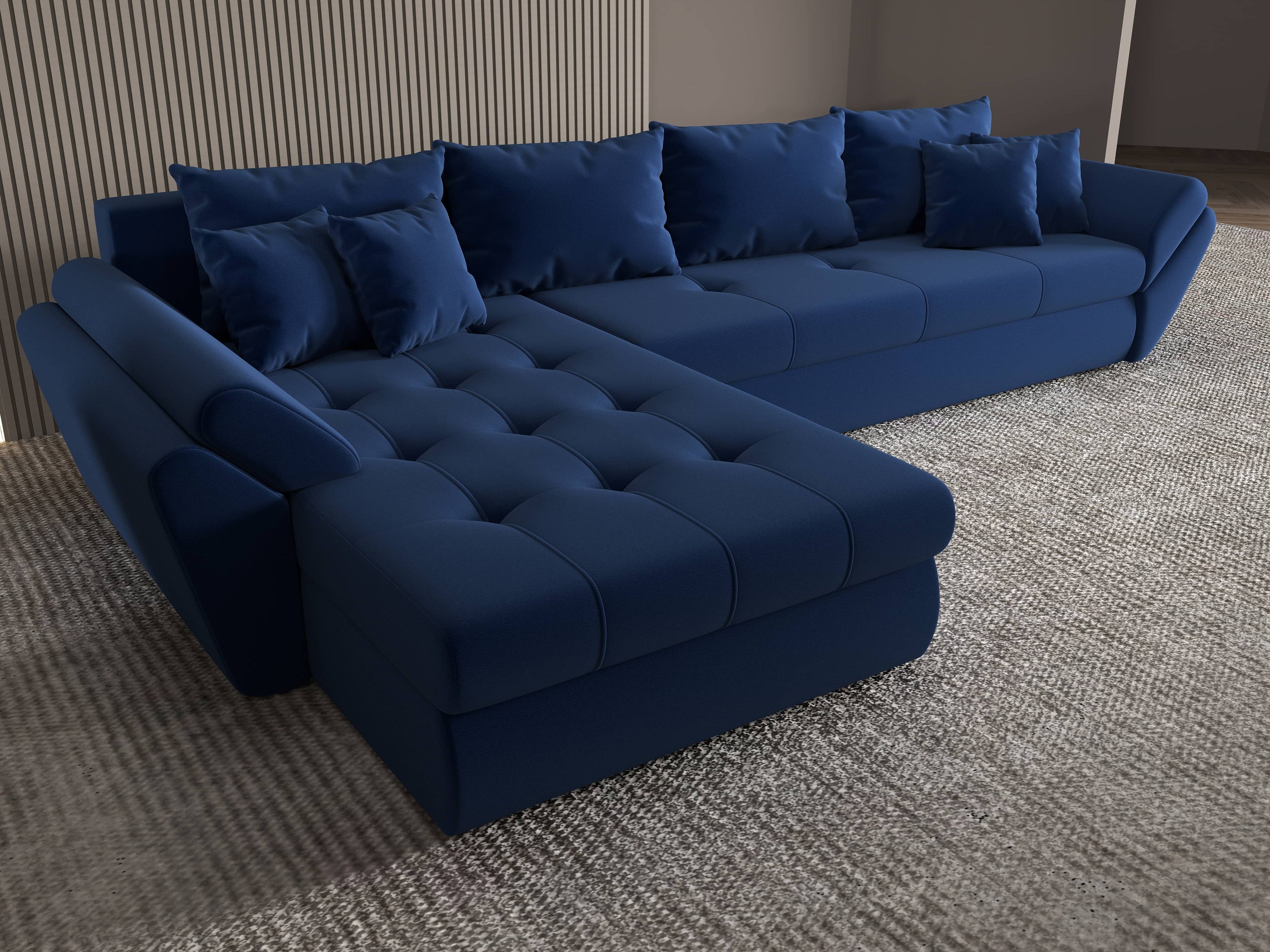 Colțar extensibil dumonde cu ladă de depozitare si sezut confortabil din spuma high-density, Loana XL Royal Albastru 335x185 cm