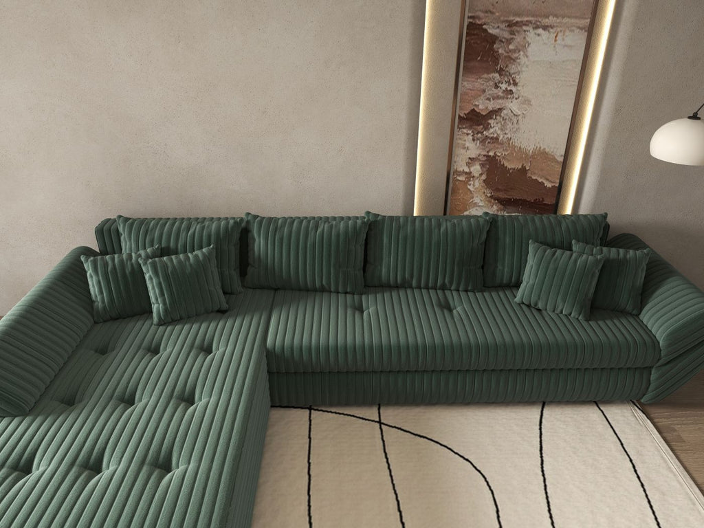Colțar extensibil dumonde cu ladă de depozitare si sezut confortabil din spuma high-density, Loana XL Ambience Verde 335x185 cm
