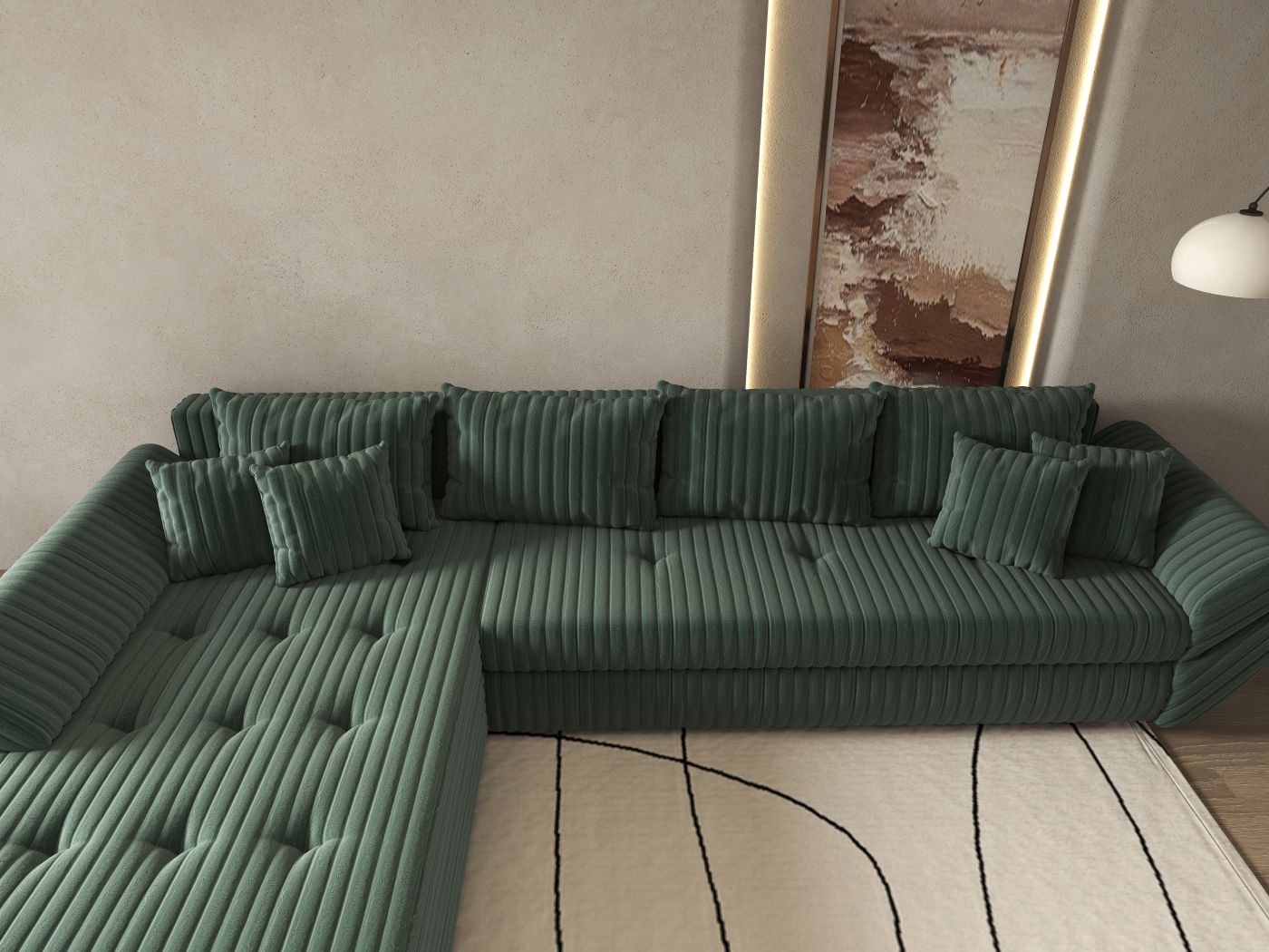 Colțar extensibil dumonde cu ladă de depozitare si sezut confortabil din spuma high-density, Loana XL Ambience Verde 335x185 cm
