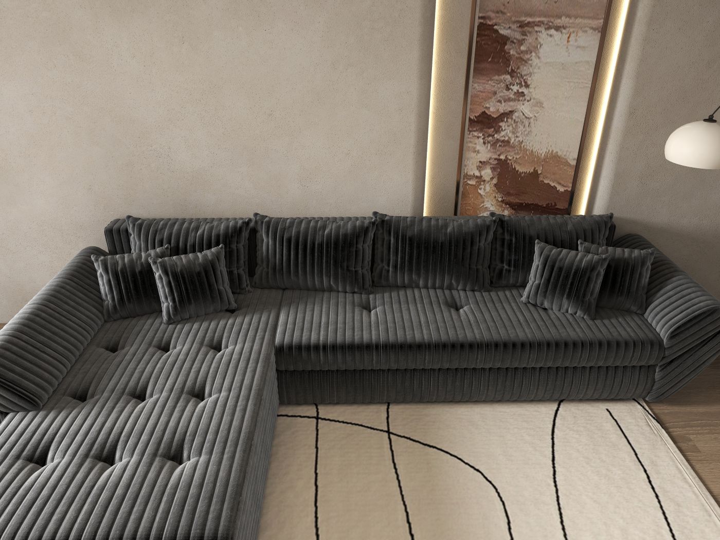 Colțar extensibil dumonde cu ladă de depozitare si sezut confortabil din spuma high-density, Loana XL Ambience Gri 335x185 cm