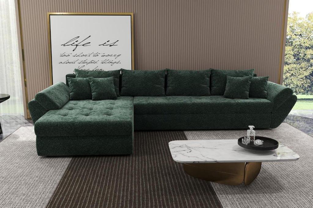 Colțar extensibil dumonde cu ladă de depozitare si sezut confortabil din spuma high-density, Loana XL Euphoria Verde 335x185 cm