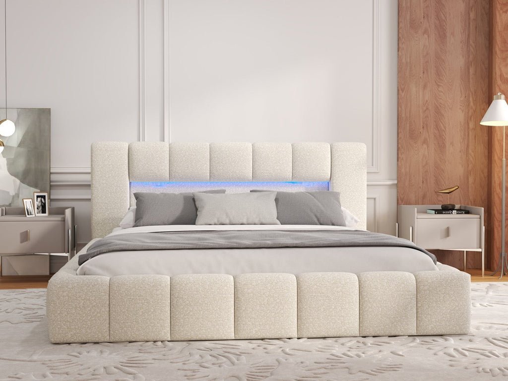 Pat dormitor dumonde, tapitat bej cu LED si USB, Palermo 160x200 cm, somiera rabatabila inclusa, spatiu depozitare