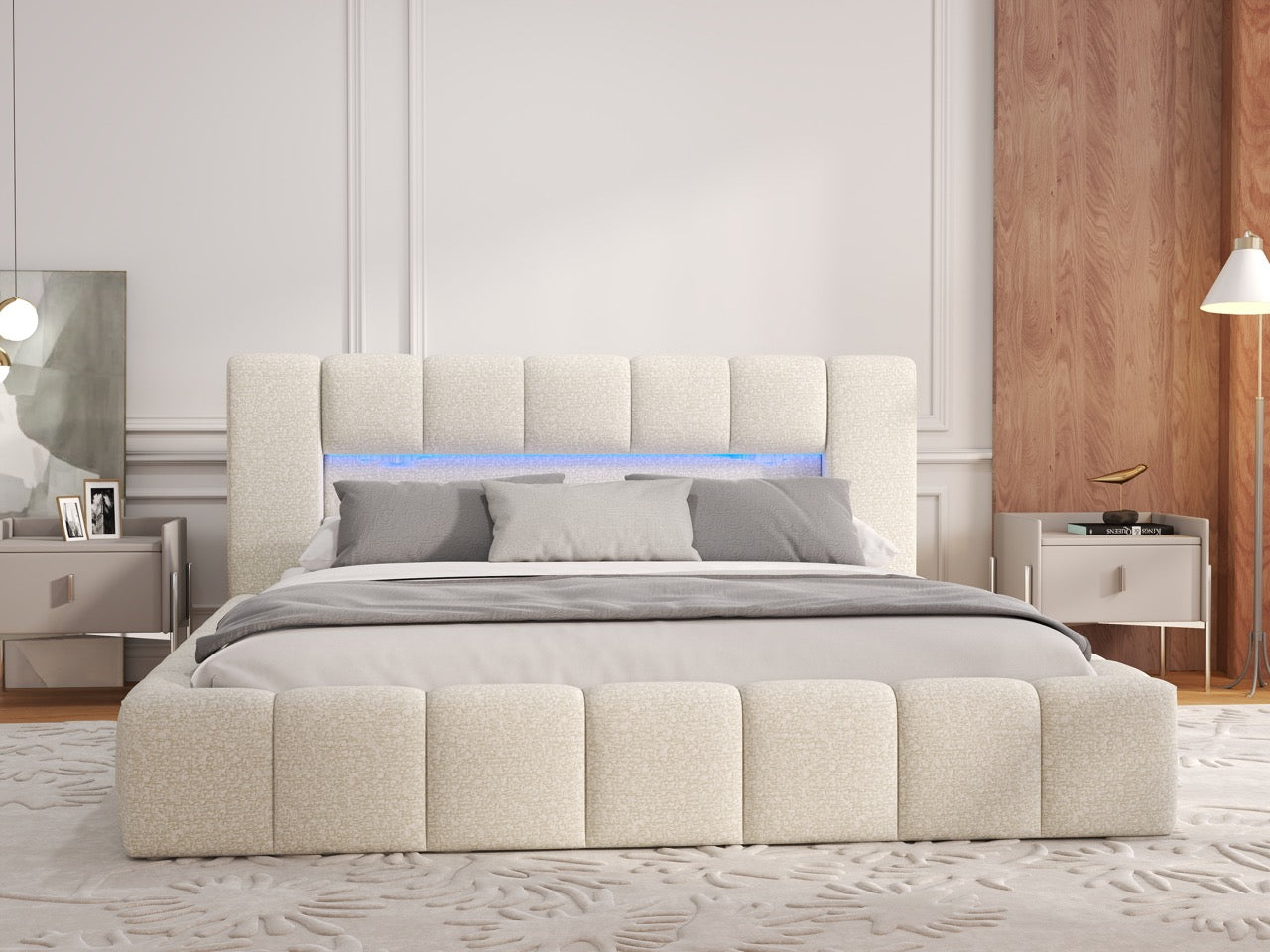 Pat dormitor dumonde, tapitat bej cu LED si USB, Palermo 160x200 cm, somiera rabatabila inclusa, spatiu depozitare